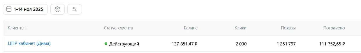 Рекламный кабинет за 1–14 ноября 2025: 2 030 кликов, 1 251 797 показов, расход 111 752,65 ₽